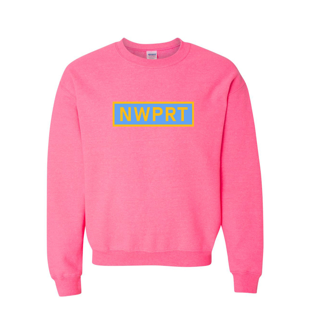 Pink sweatshirt with 'NWPRT' logo on a white background