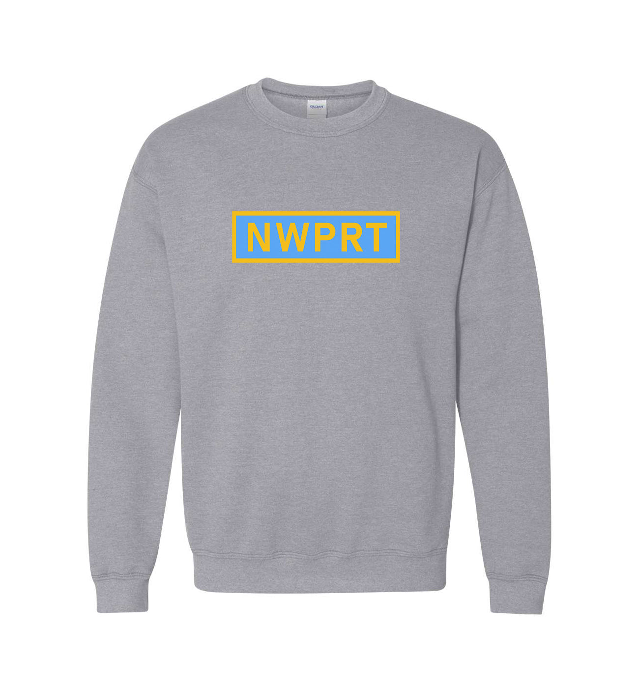 Gray sweatshirt with 'NWPRT' logo on a white background