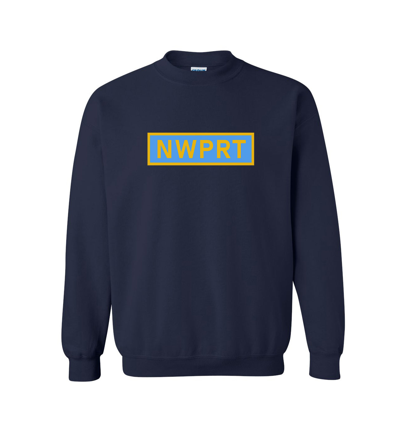 Navy blue sweatshirt with 'NWPRT' in yellow and blue on a white background